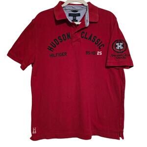 Vintage '09 Tommy Hilfiger Short Sleeve Polo Trim Fit Big Logo Large Red Blue